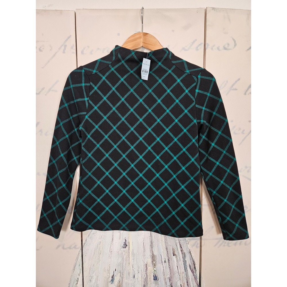 Ann Taylor‎ Womens XXS Petite Mock Neck Top Teal Black Diamond Plaid Knit 832523